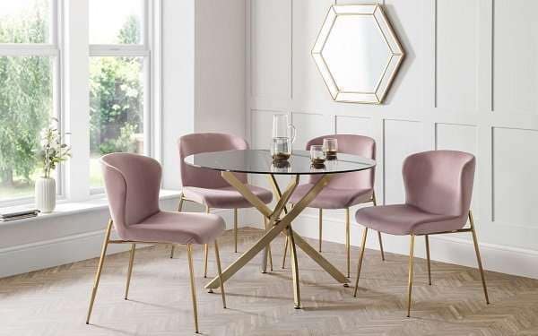MIRO Gold Base Clear Glass Top Dining Table Pink Velvet Gold Leg