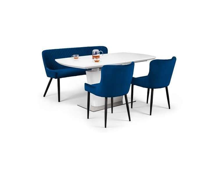 CLERMONT White Gloss Extending Dining Table Blue Velvet Chairs Bench