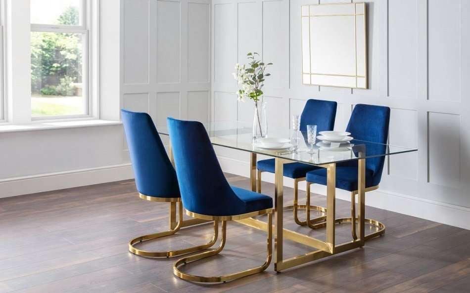 SONATA Gold Legs Clear Glass Top Dining Table Blue Gold Velvet Chairs  L200cm