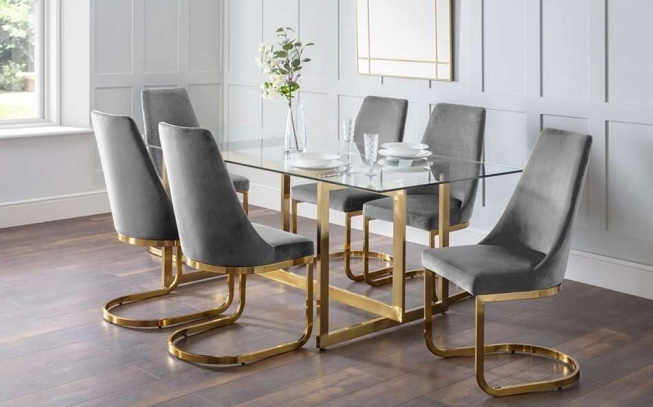 SONATA Gold Legs Clear Glass Top Dining Table Grey Gold Velvet Chairs  L200cm
